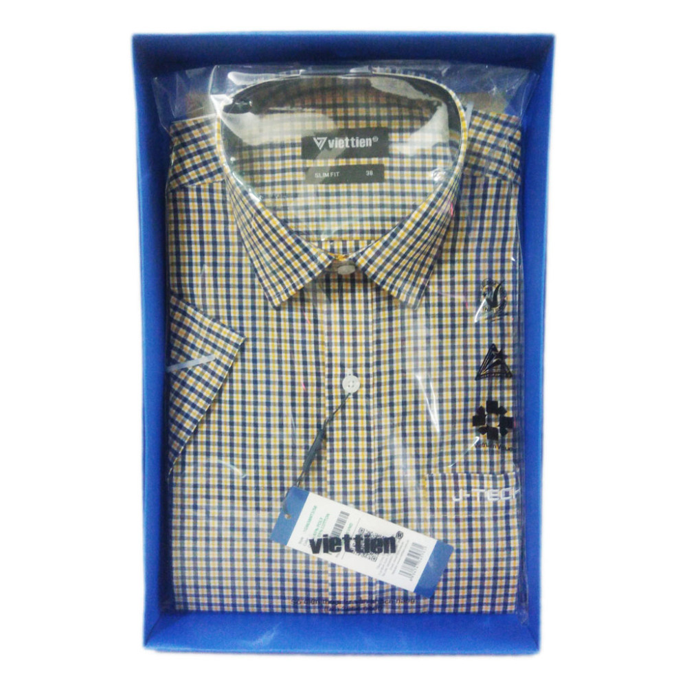 Áo sơ mi Nam SlimFit Việt Tiến Sharp J-tech ngắn tay caro vàng xanh