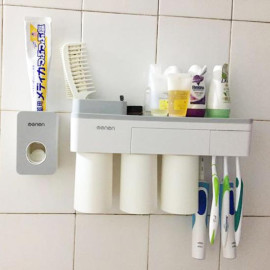 Giá treo bàn chải dính tường phòng tắm Mengni kèm 3 cốc hút nam châm và nhả kem đánh răng
