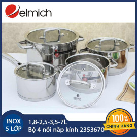 Bộ 4 nồi Inox 5 đáy Elmich nắp kính 2353670 nhập khẩu CH Séc bảo hành 5 năm