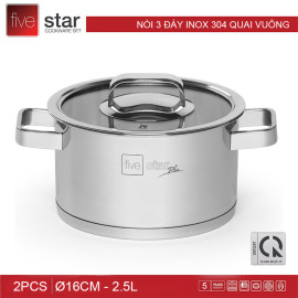 Nồi 3 đáy Inox 304 quai vuông nắp kính Fivestar Plus 16cm