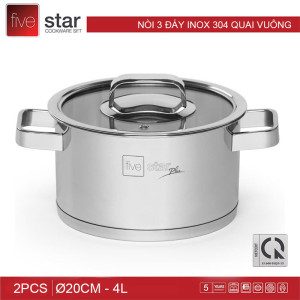 Nồi 3 đáy Inox 304 quai vuông nắp kính Fivestar Plus 20cm