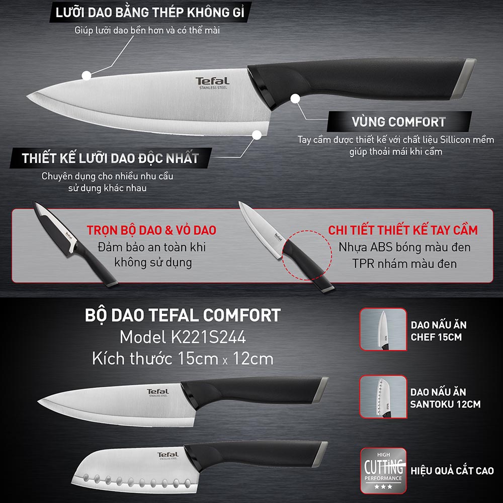 Bộ 2 dao làm bếp Tefal Comfort K221S244 dài 15cm và 12cm