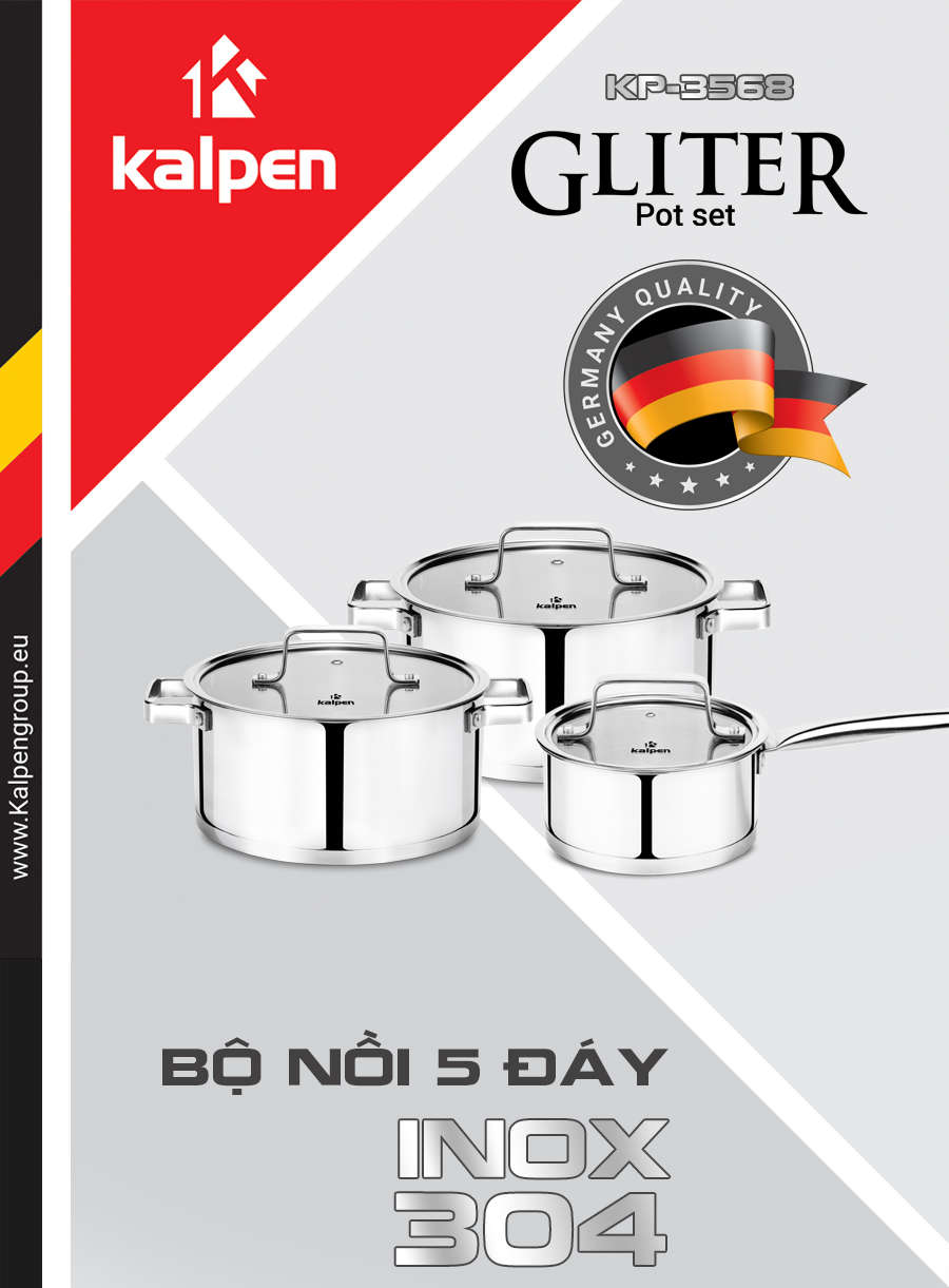 Bộ 3 nồi Inox 304 cao cấp 5 đáy Kalpen Gliter KP-3568 xuất Đức