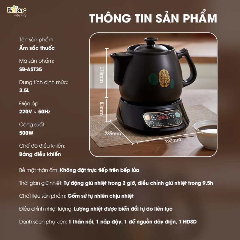 Ấm sắc thuốc cắm điện tự động Bear 3,5L bản menu Việt, bảo hành 18 tháng