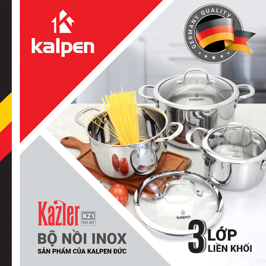 Bộ 3 nồi Inox 3 lớp liền khối Kalpen Kazler KZ1 size 16,20,24cm chuẩn Đức
