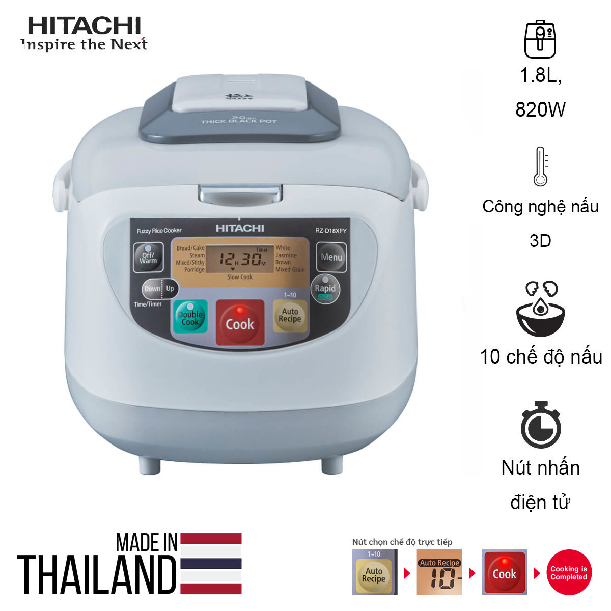 Nồi cơm điện tử Hitachi RZ-D18XFY dung tích 1.8L, chế độ nấu Double Cook, Made in Thailand