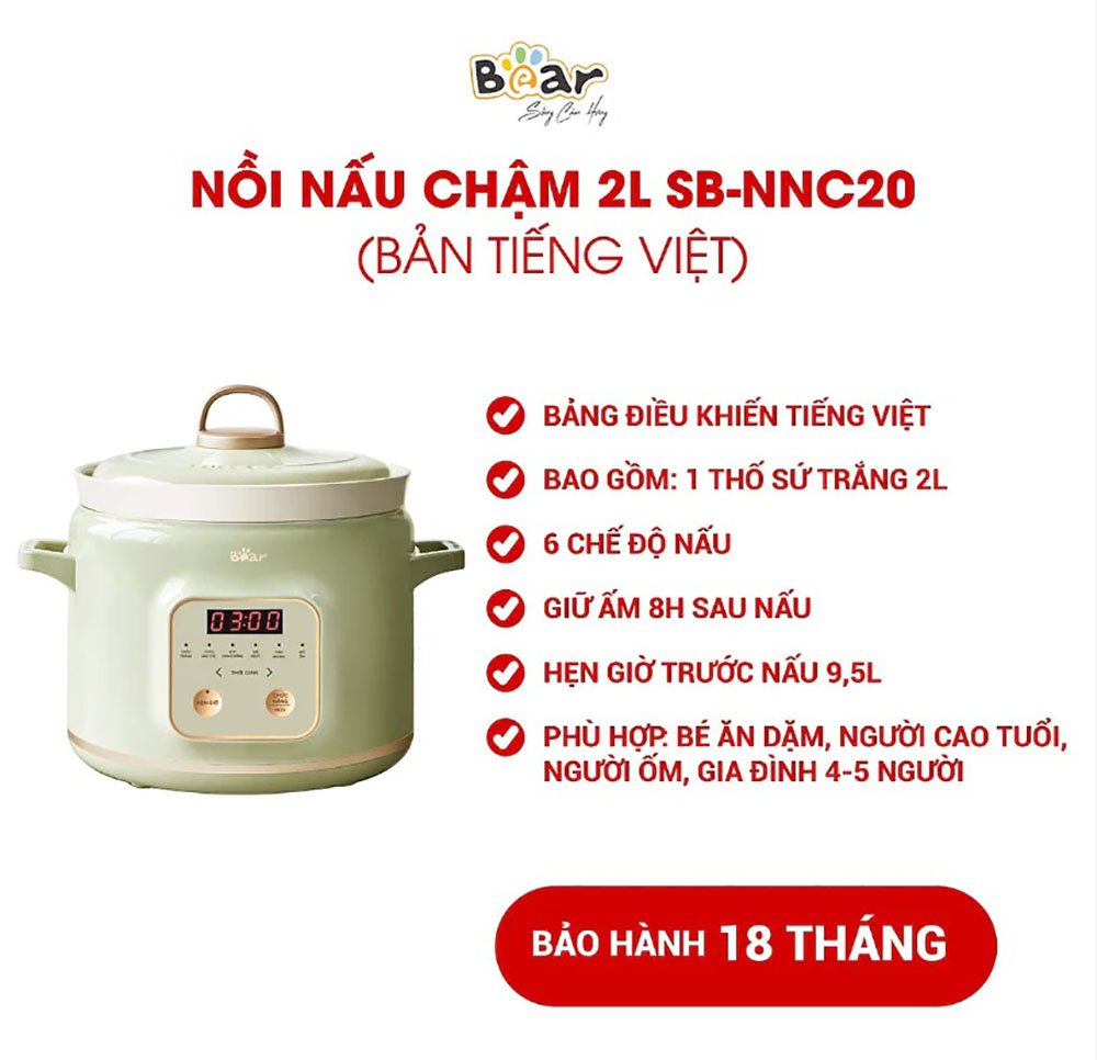 Nồi nấu chậm 2L Bear SB-NNC20 bản tiếng Việt, bảo hành 18 tháng