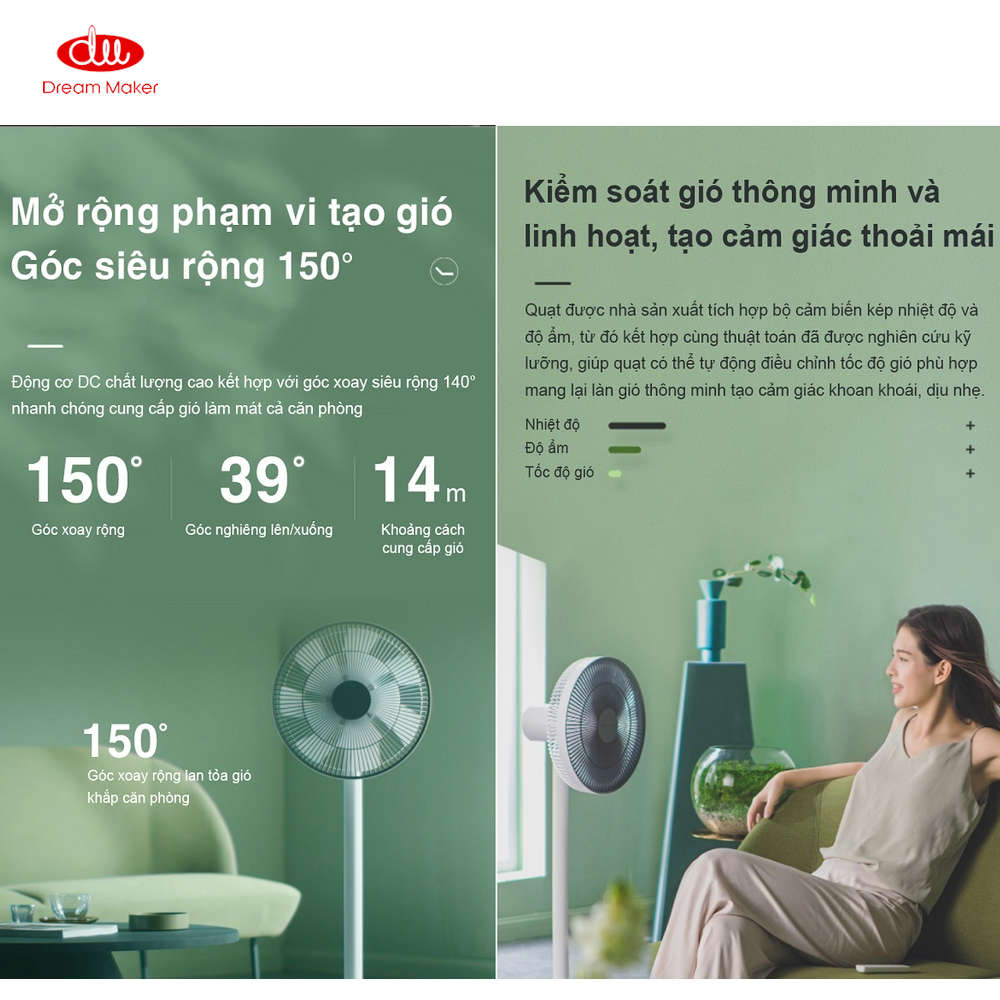 Quạt tích điện thông minh Xiaomi Dream Maker Plus có điều khiển, bản Quốc Tế