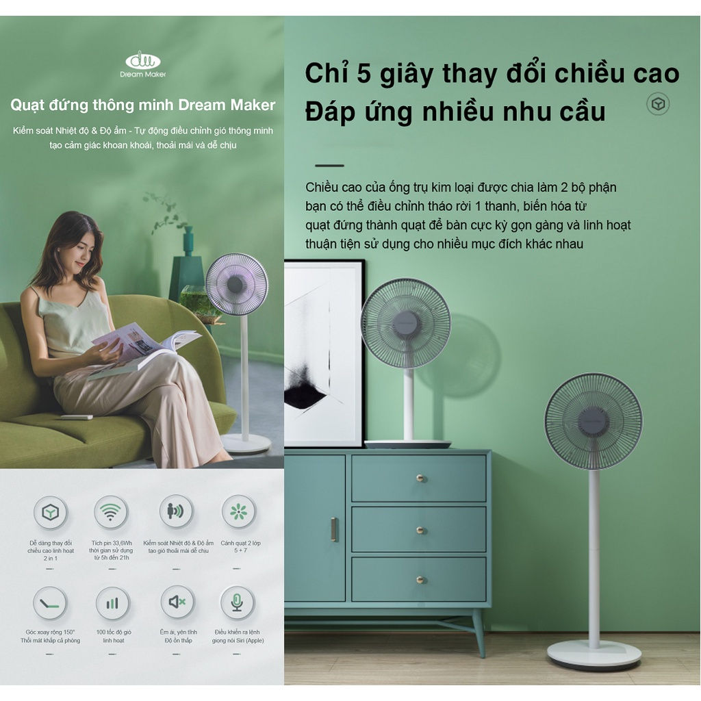 Quạt tích điện thông minh Xiaomi Dream Maker Plus có điều khiển, bản Quốc Tế