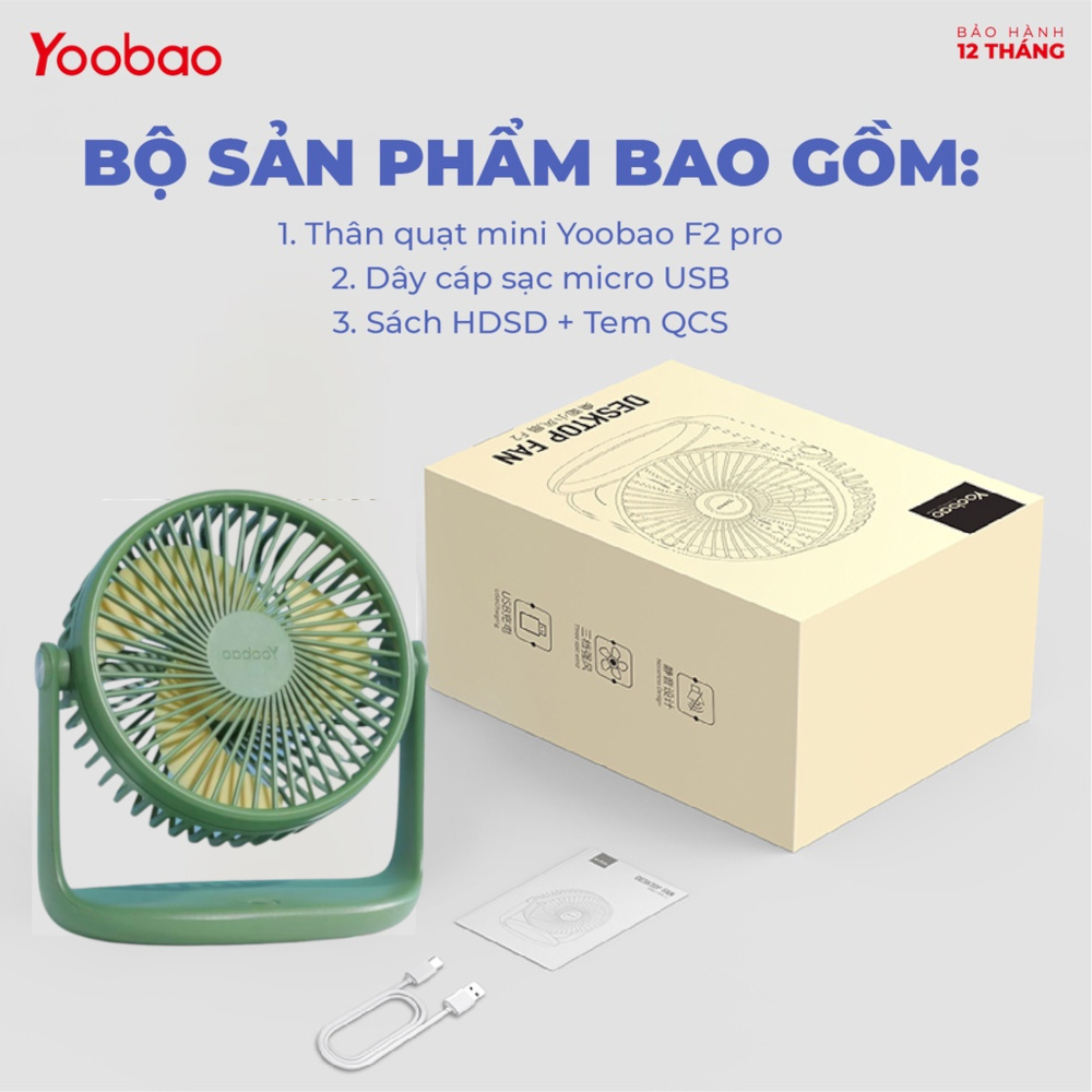 Quạt tích điện Yoobao F2 Pro 10000mAh chạy liên tục 50 giờ, bảo hành 12 tháng