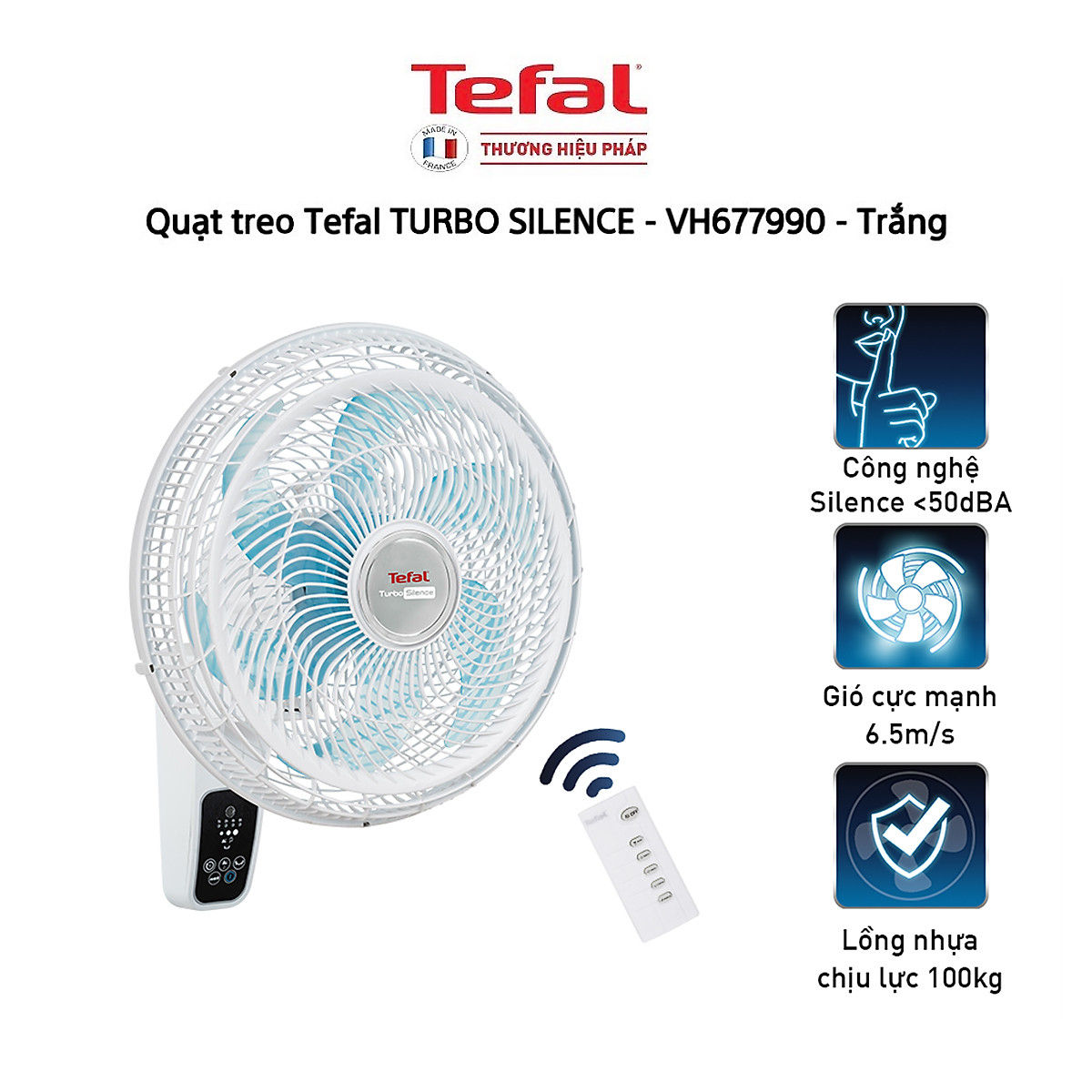 Quạt treo tường Tefal Turbo Silence VH677990 công suất 80W có khiển