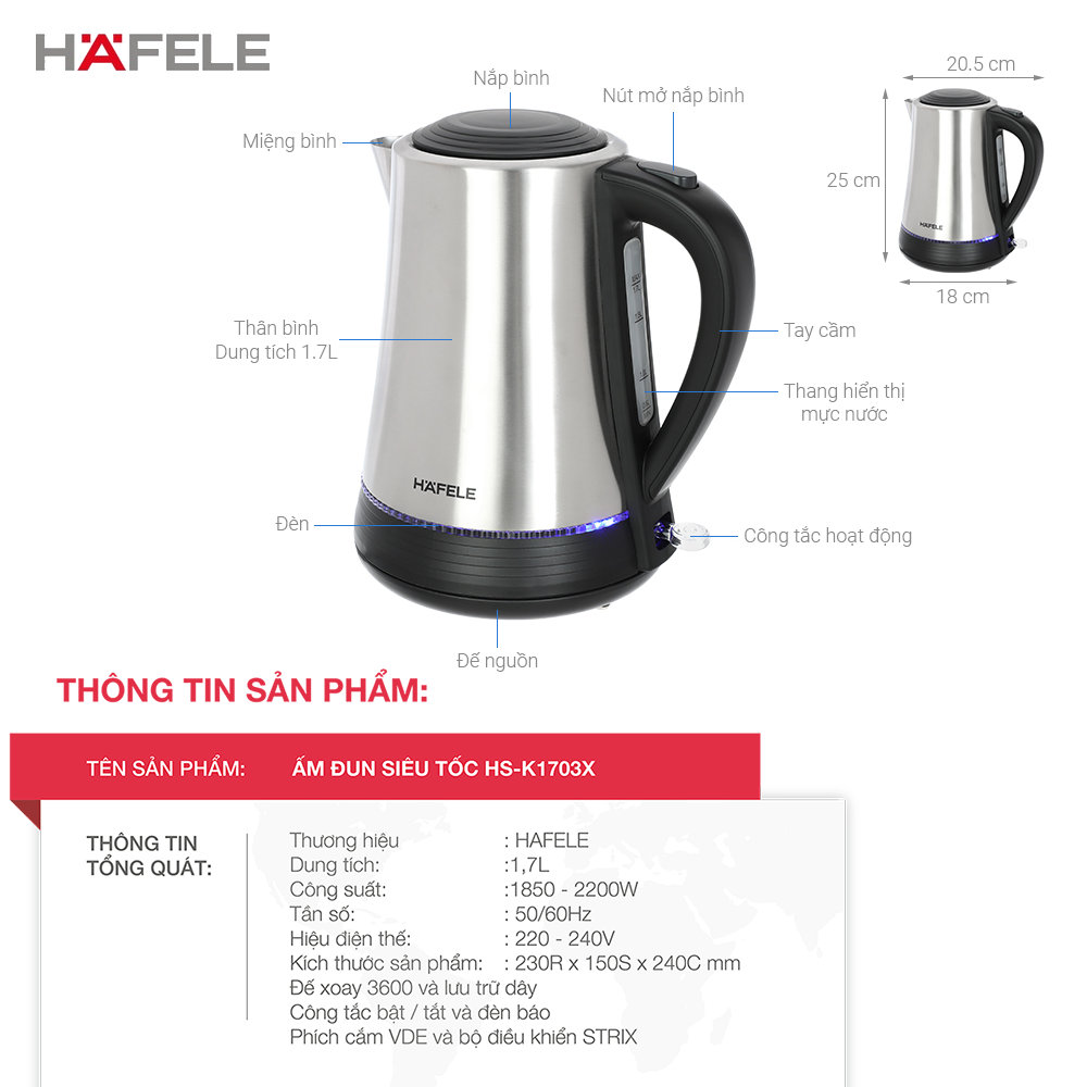 Ấm siêu tốc Inox 304 Hafele HS-K1703X