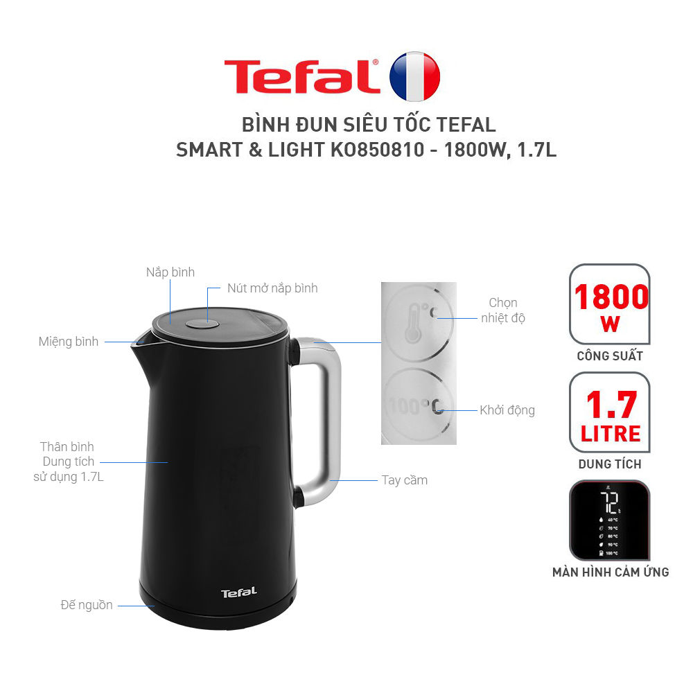 Ấm siêu tốc Tefal Smart & Light 1.7 lít 1800W KO850810