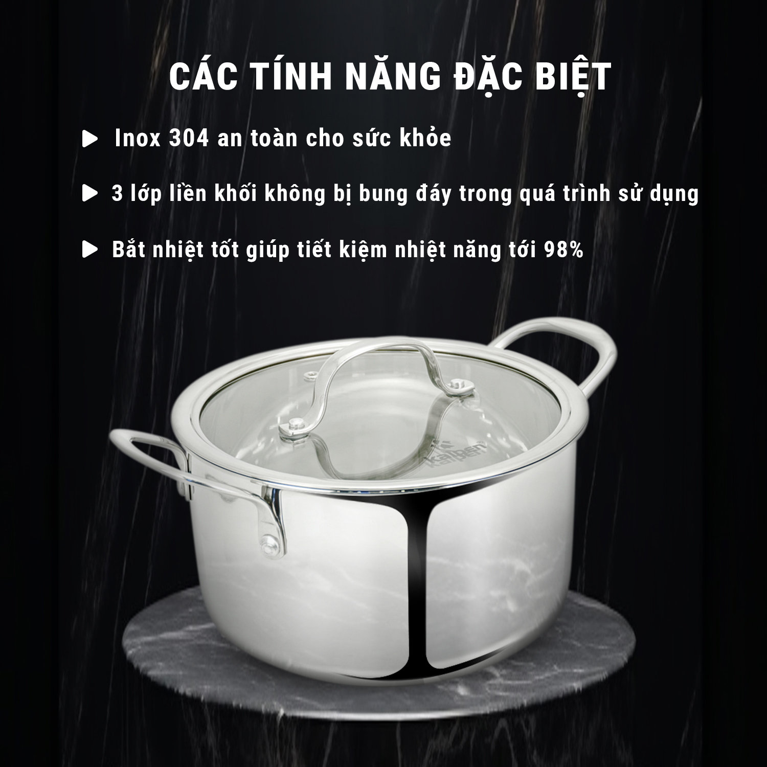 Bộ 3 nồi và chảo inox 3 lớp liền khối Kalpen Kampfer KF2