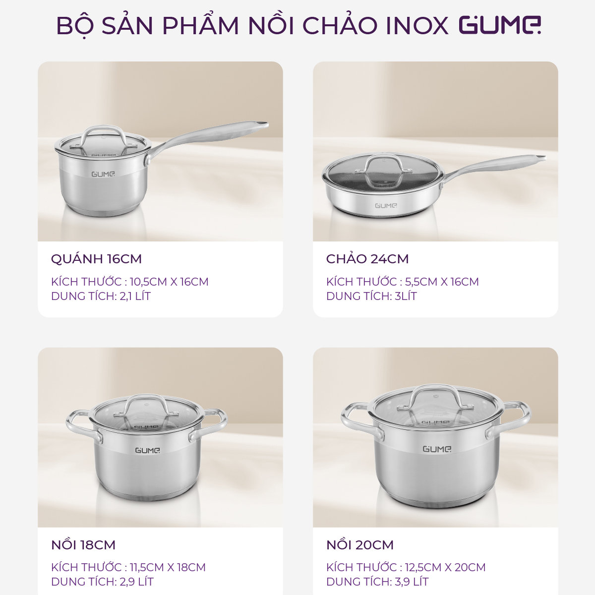 Bộ nồi chảo quánh 5 đáy Inox 304 Gume Hàn Quốc