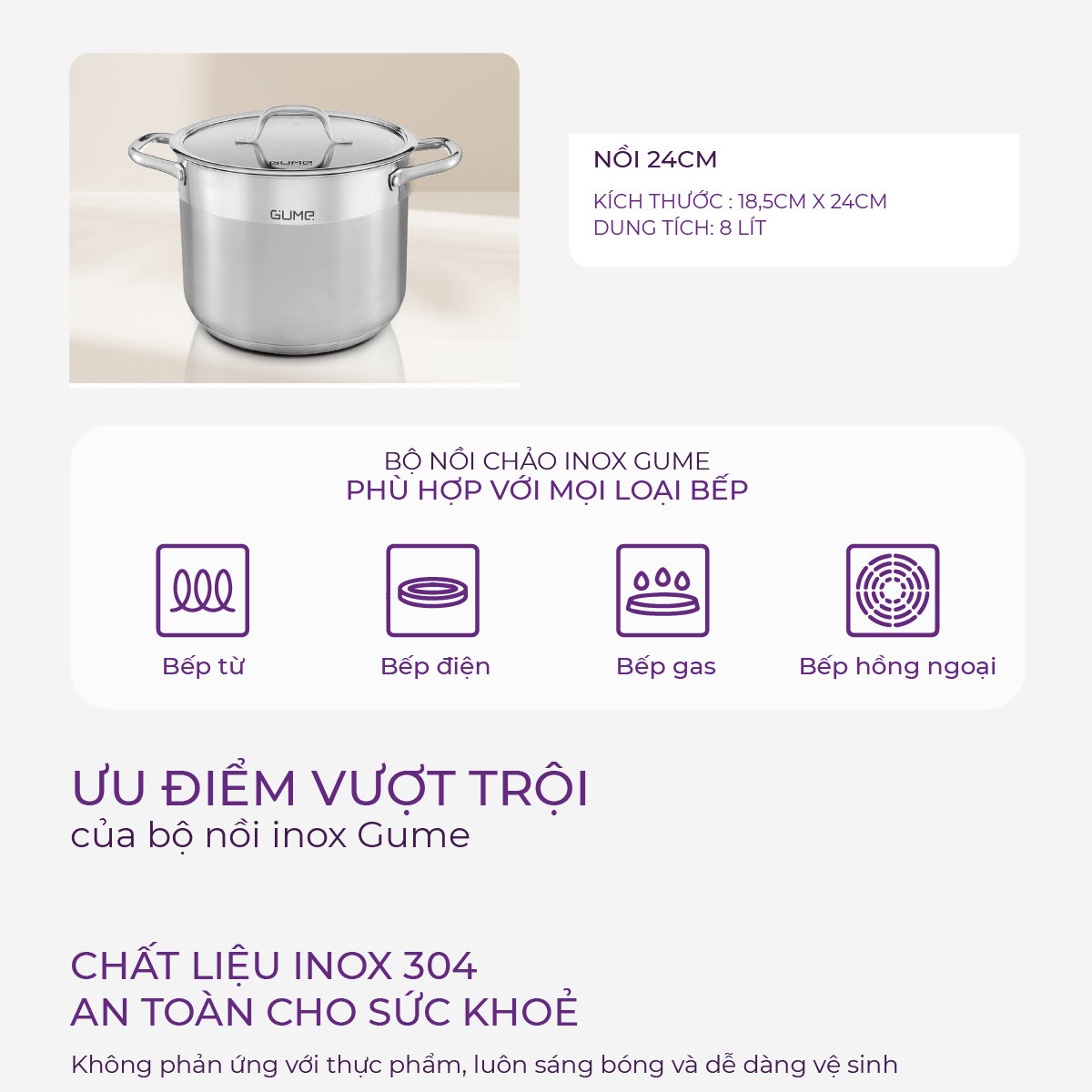 Bộ nồi chảo quánh 5 đáy Inox 304 Gume Hàn Quốc