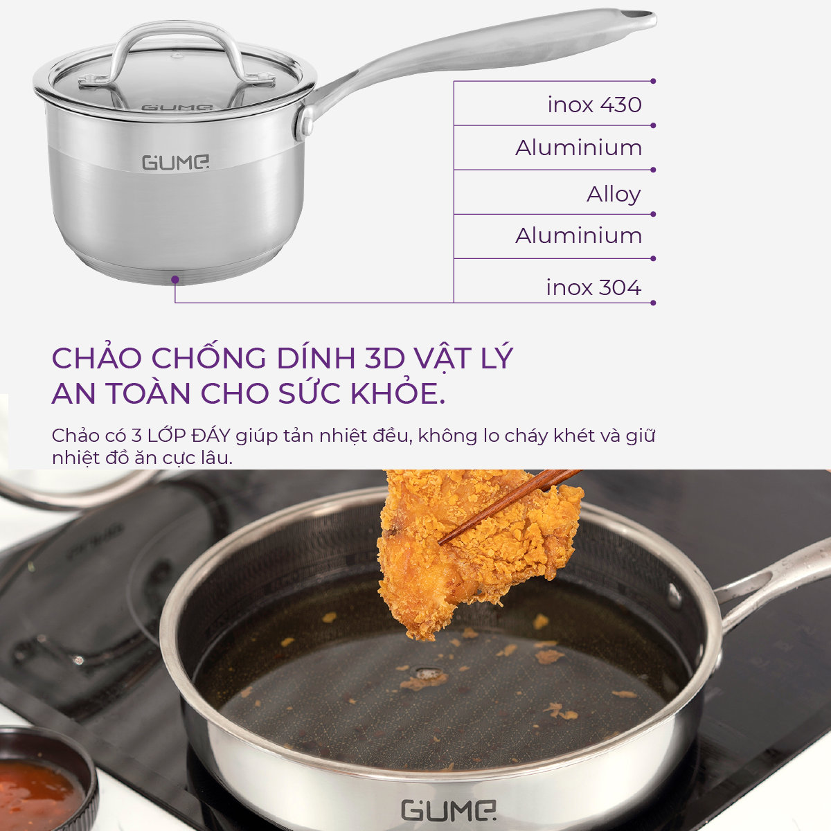 Bộ nồi chảo quánh 5 đáy Inox 304 Gume Hàn Quốc