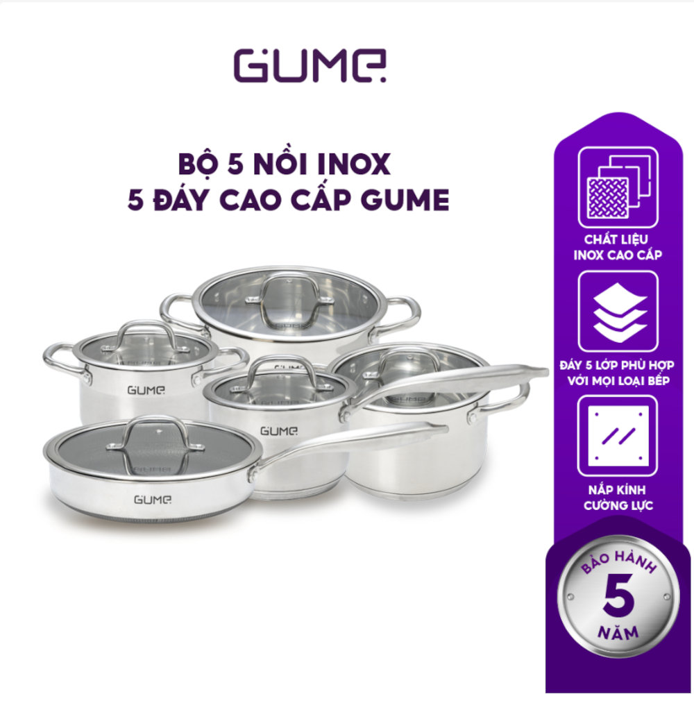 Bộ nồi chảo quánh 5 đáy Inox 304 Gume Hàn Quốc