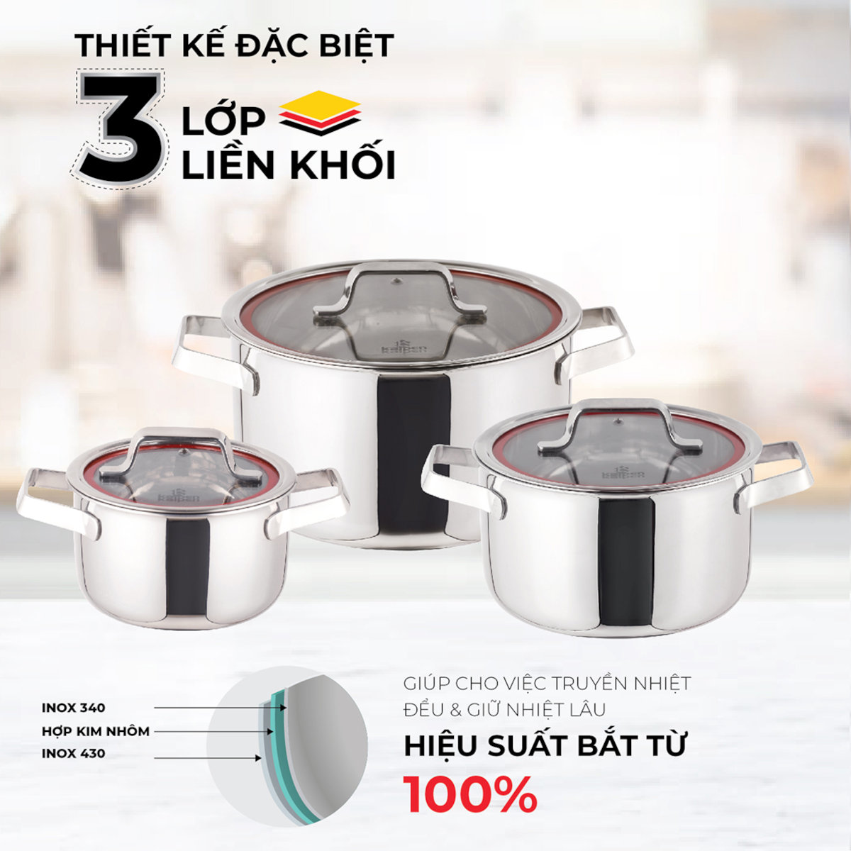 Bộ nồi inox 3 lớp liền khối Kalpen Emer EM1