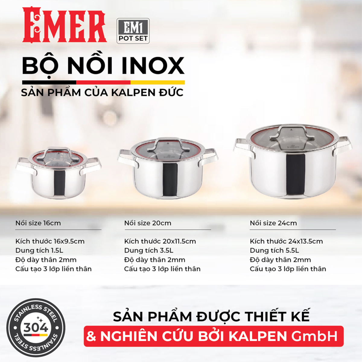 Bộ nồi inox 3 lớp liền khối Kalpen Emer EM1