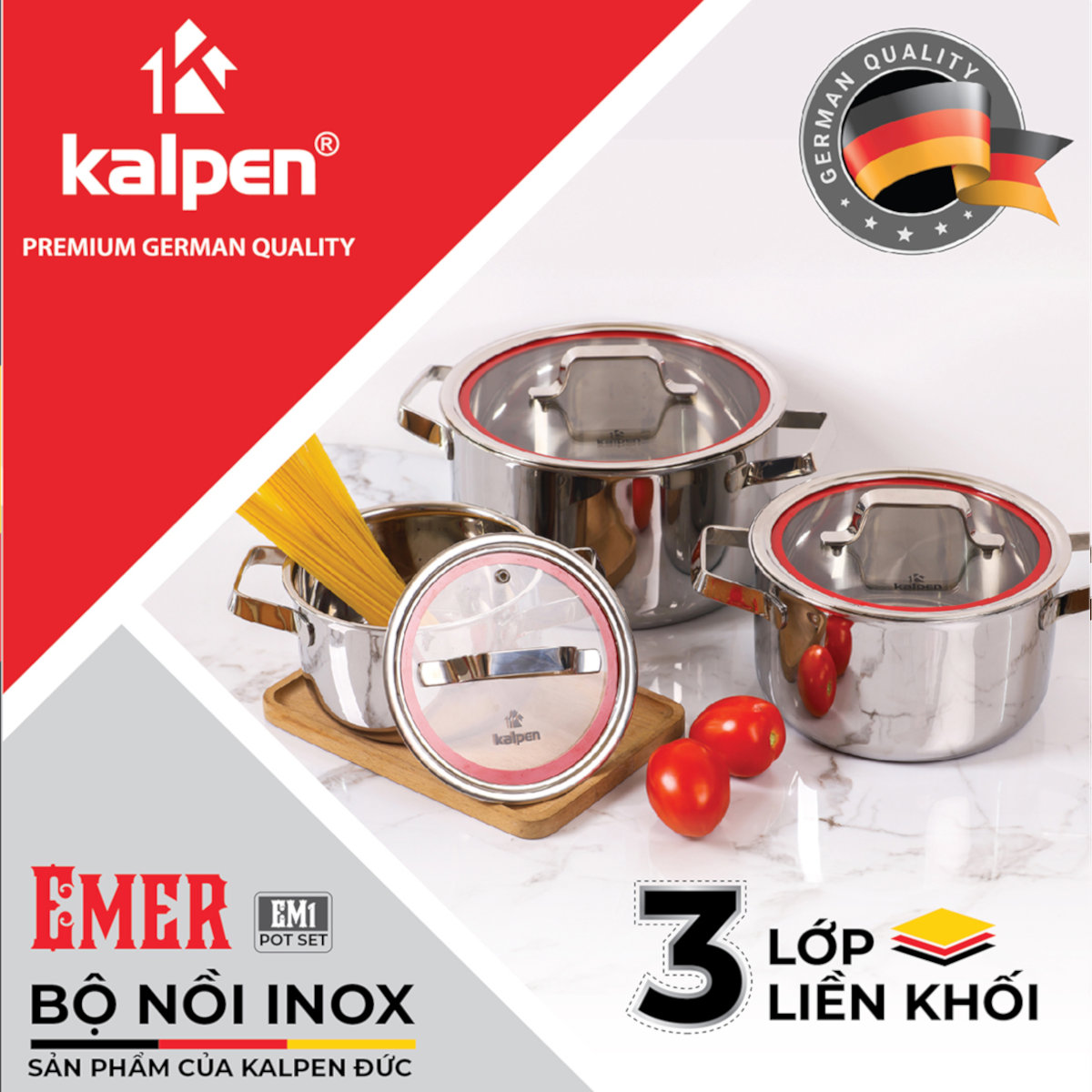 Bộ nồi inox 3 lớp liền khối Kalpen Emer EM1