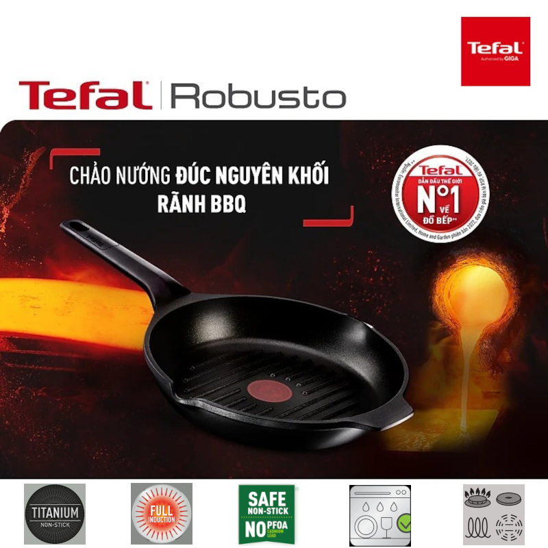 Chảo đúc nướng chống dính Tefal Rubosto 26cm E2494044 có miệng rót