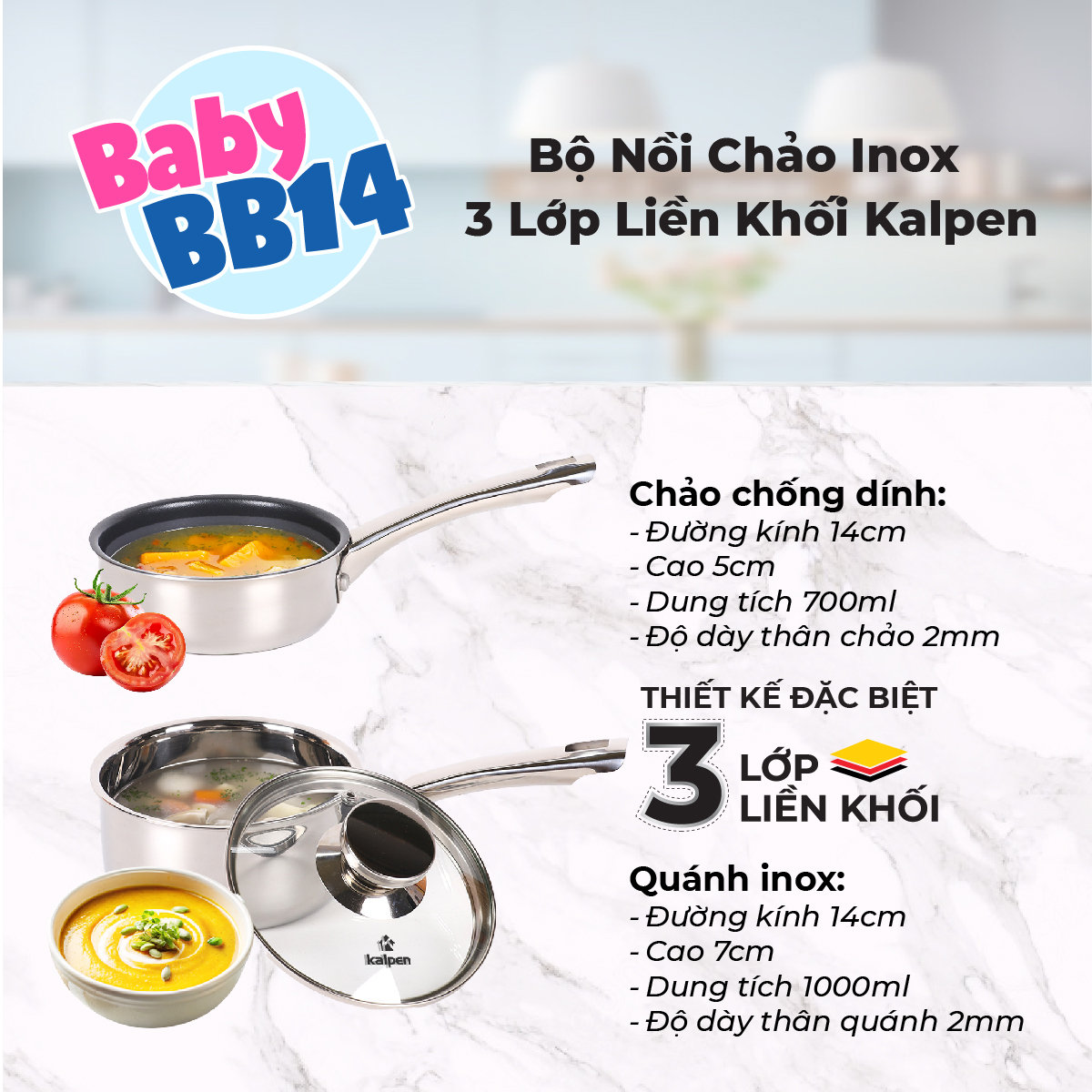 Bộ quánh chảo Inox 3 lớp liền khối Kalpen Baby BB14