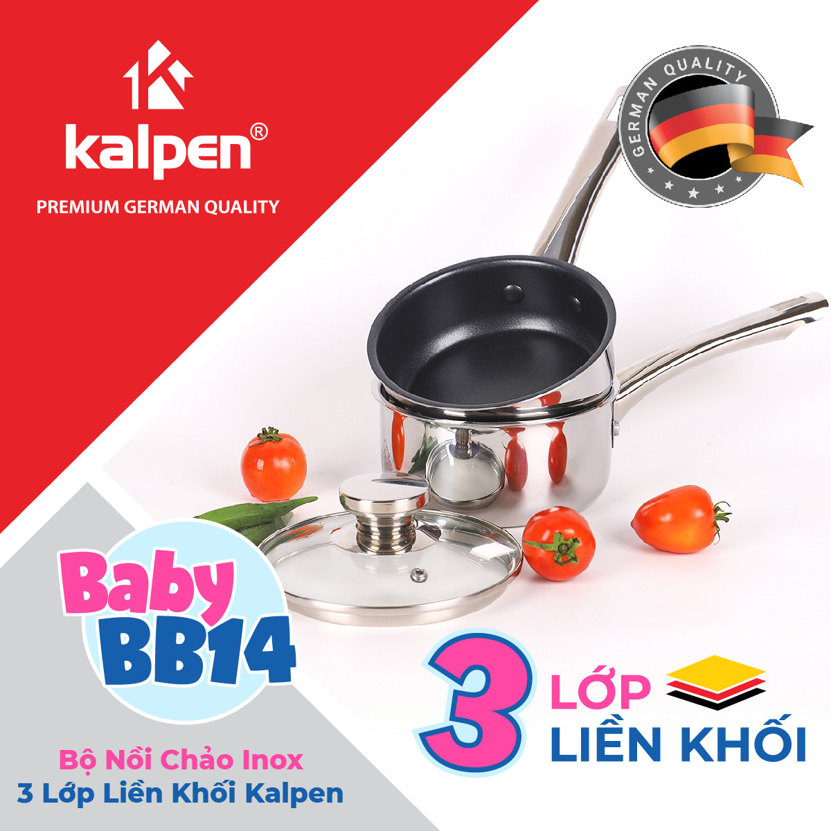 Bộ quánh chảo Inox 3 lớp liền khối Kalpen Baby BB14