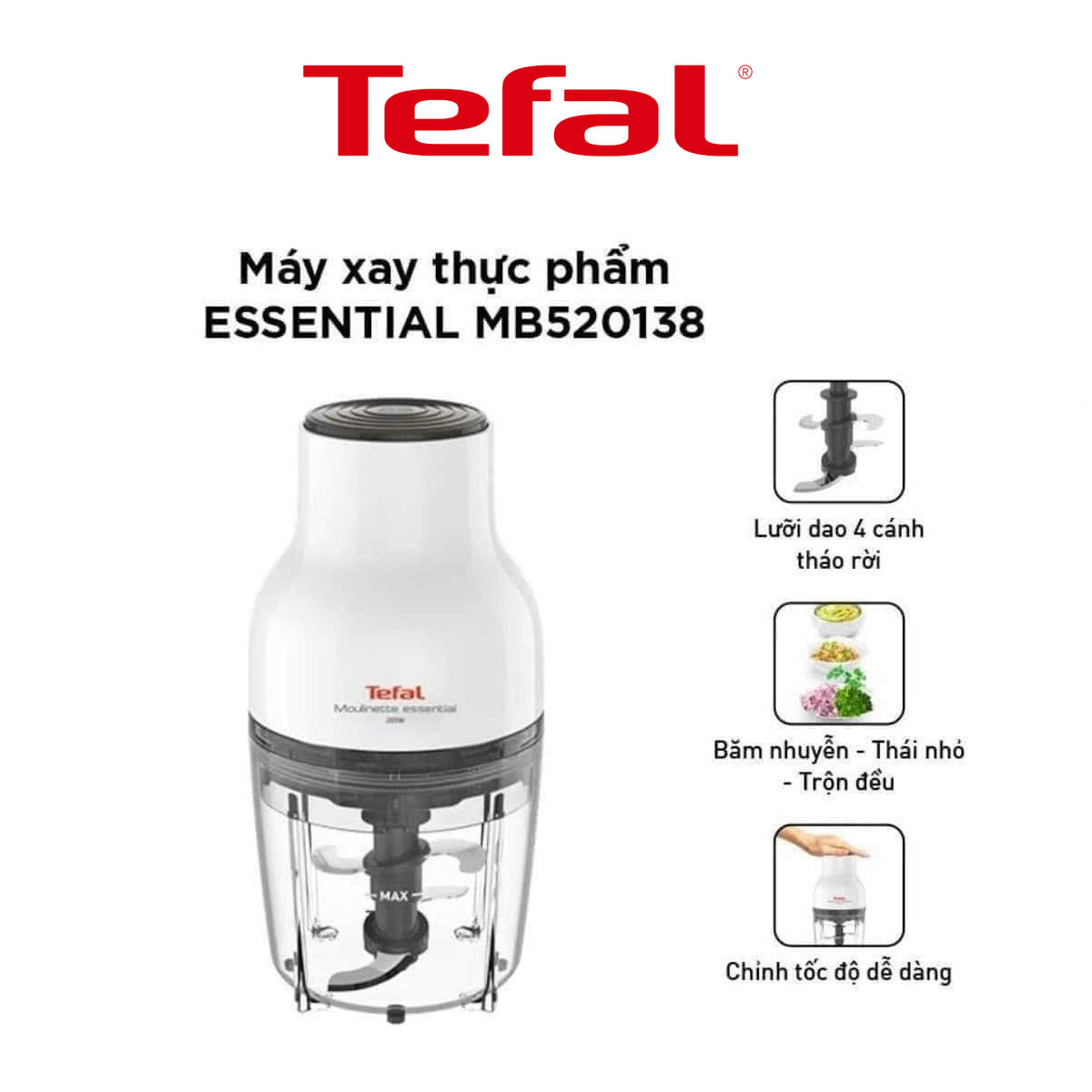 Máy xay thực phẩm 3 trong 1 Tefal Essential MB520138 dung tích 400ml, công suất 300W