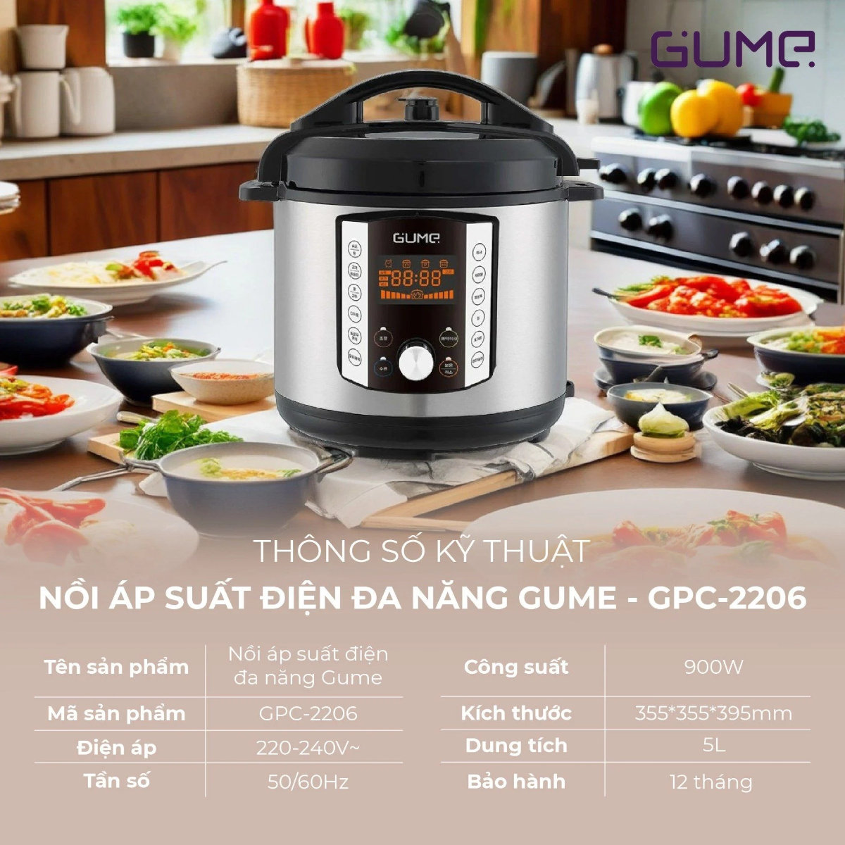 Nồi áp suất điện tử đa năng Gume Hàn Quốc GMPC-2206 dung tích 5L