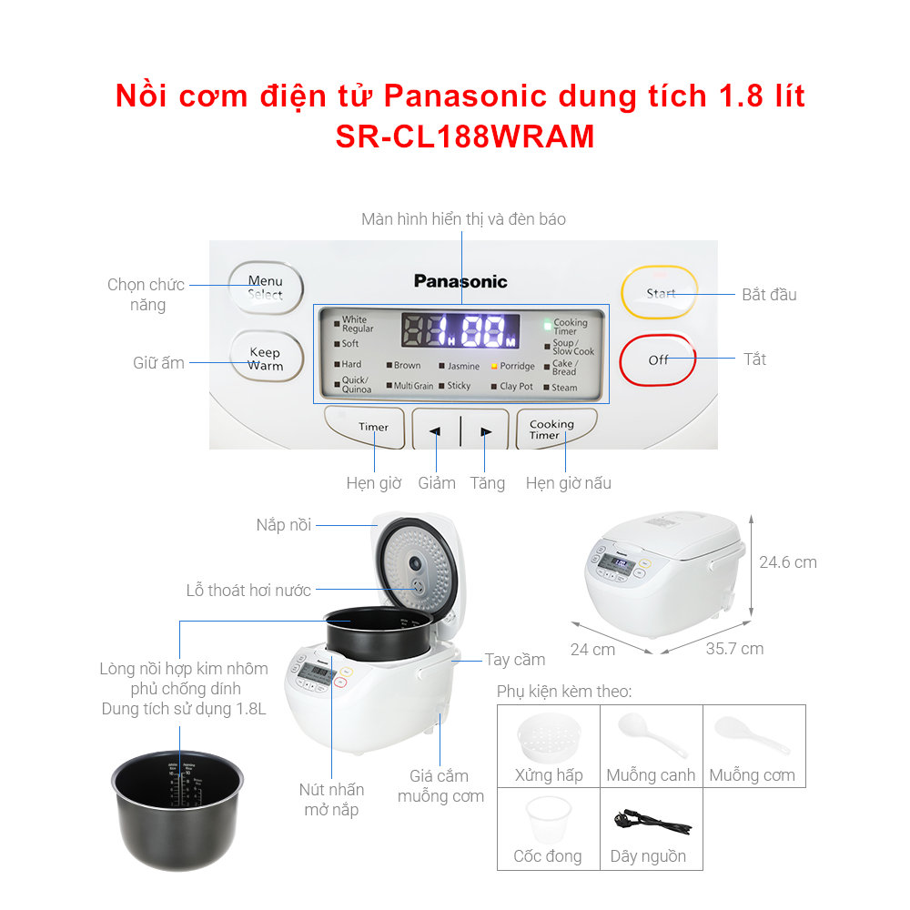 Nồi cơm điện tử Panasonic dung tích 1.8 lít SR-CL188WRA sản xuất Malaysia - Hàng chính hãng bảo hành 12 tháng