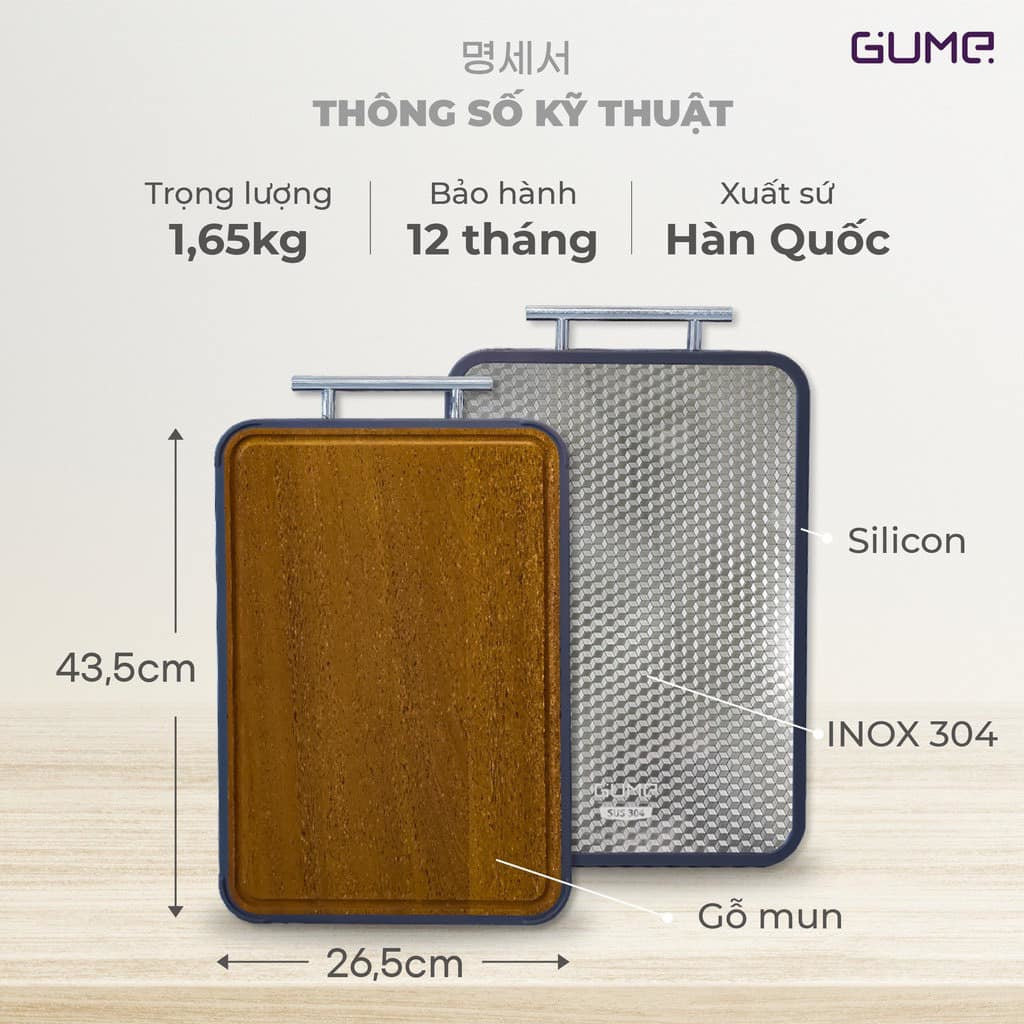 Thớt 2 mặt kháng khuẩn Inox 304 với gỗ mun GUME Hàn Quốc TGI01