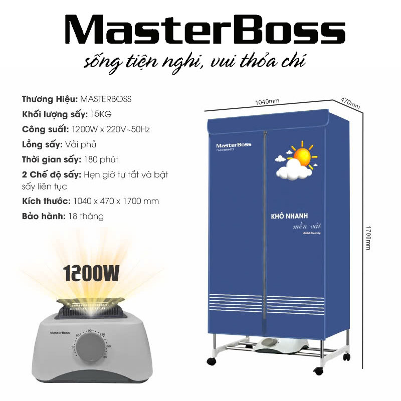 Tủ sấy quần áo Masterboss 622 công suất 1200W bảo hành 18 tháng