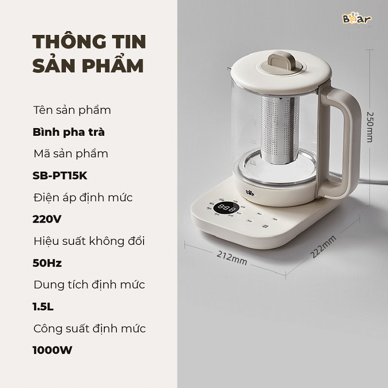 Bình thùy tinh pha trà giữ nhiệt Bear 1.5L SB-PT15K
