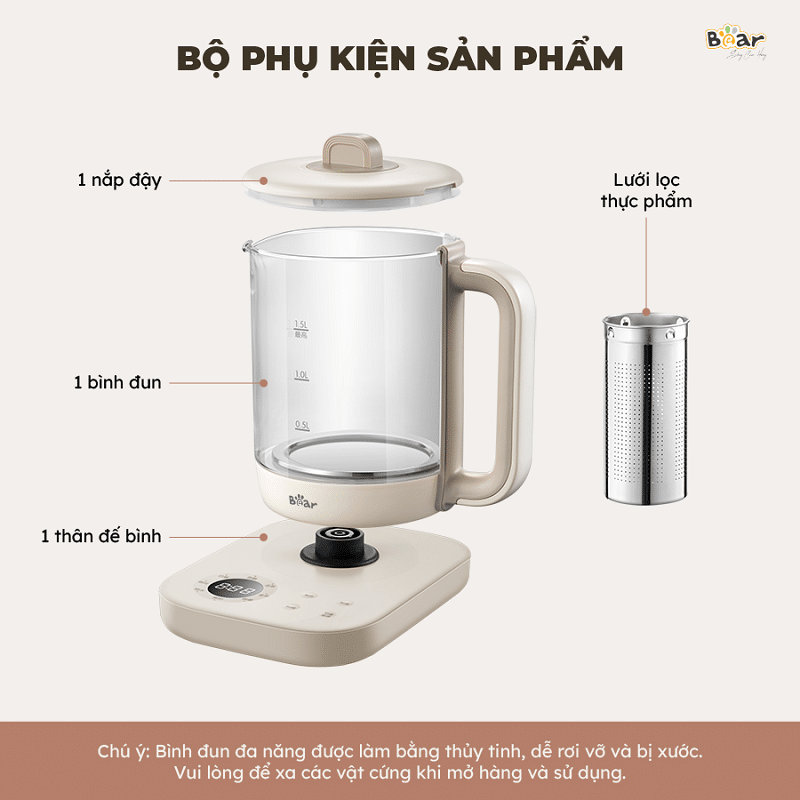 Bình thùy tinh pha trà giữ nhiệt Bear 1.5L SB-PT15K