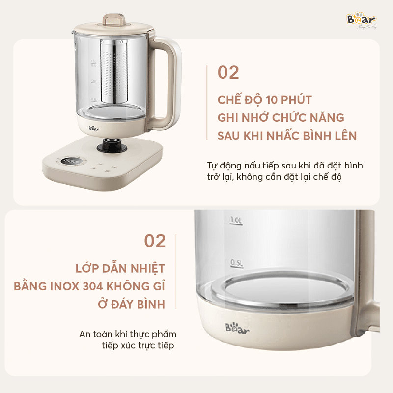 Bình thùy tinh pha trà giữ nhiệt Bear 1.5L SB-PT15K