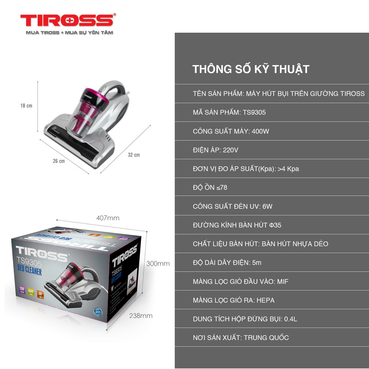 Máy hút bụi đệm giường Tiross TS9305