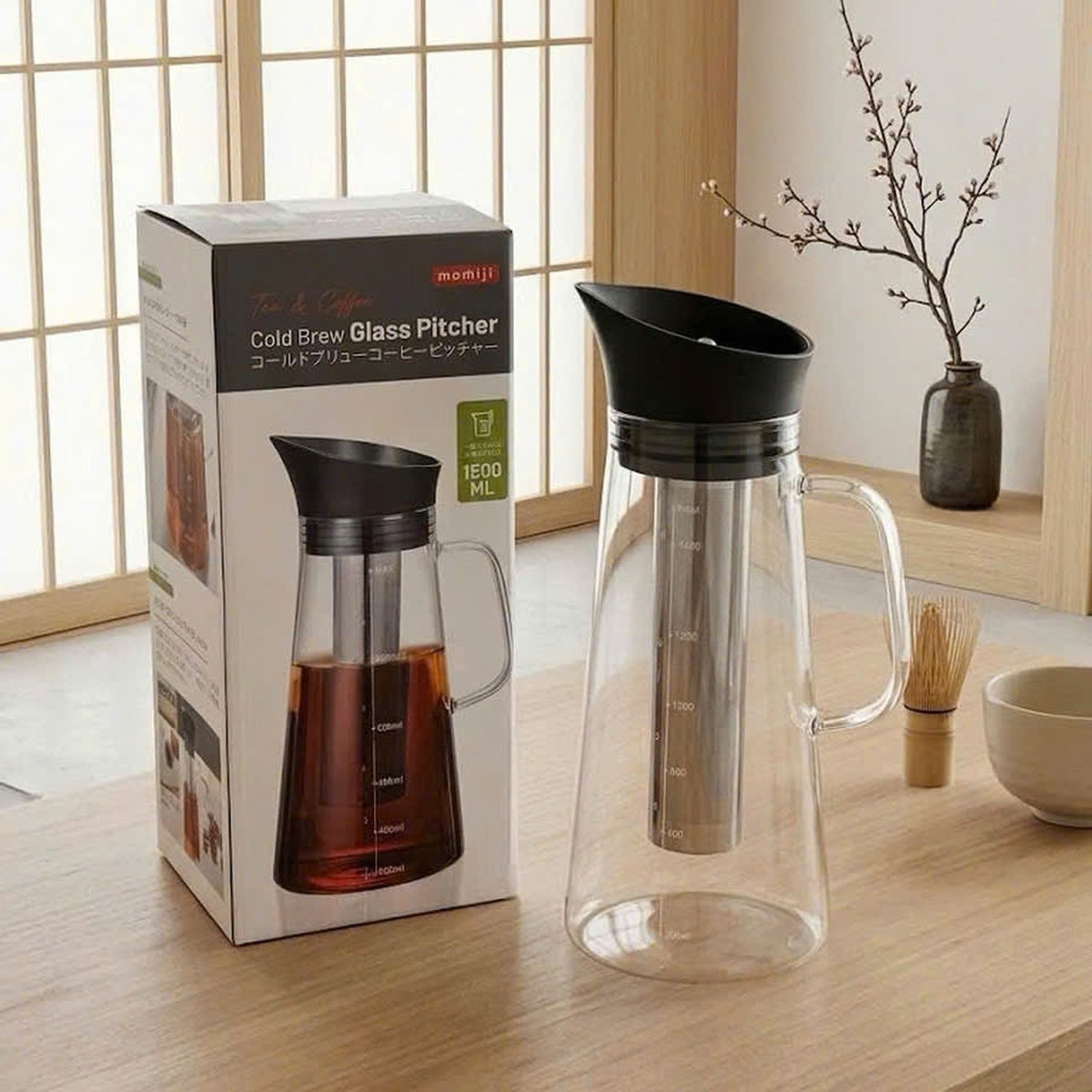 Bình thuỷ tinh kèm lõi lọc pha trà, cà phê 1500ml Momiji xuất Nhật