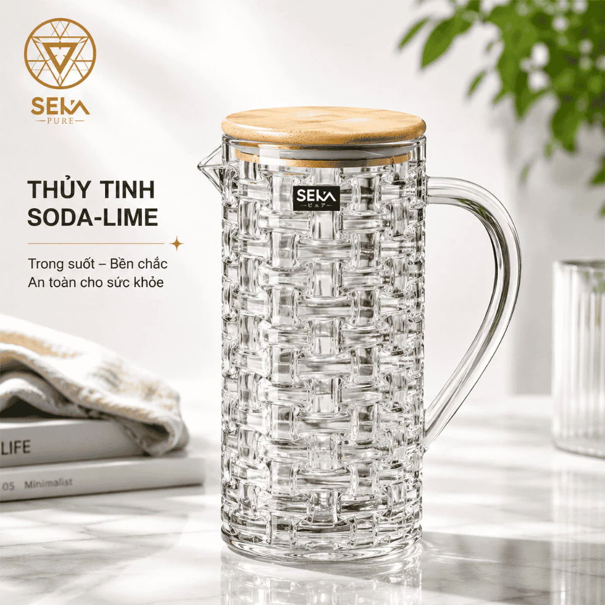 Bình nước thủy tinh vân caro Seka SKT10W1 dung tích 1L nắp tre