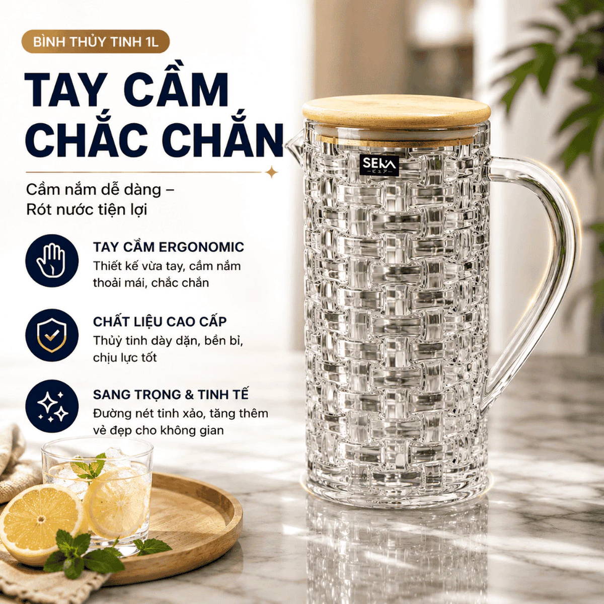 Bình nước thủy tinh vân caro Seka SKT10W1 dung tích 1L nắp tre