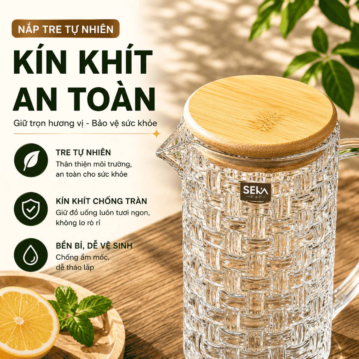 Bình nước thủy tinh vân caro Seka SKT10W1 dung tích 1L nắp tre