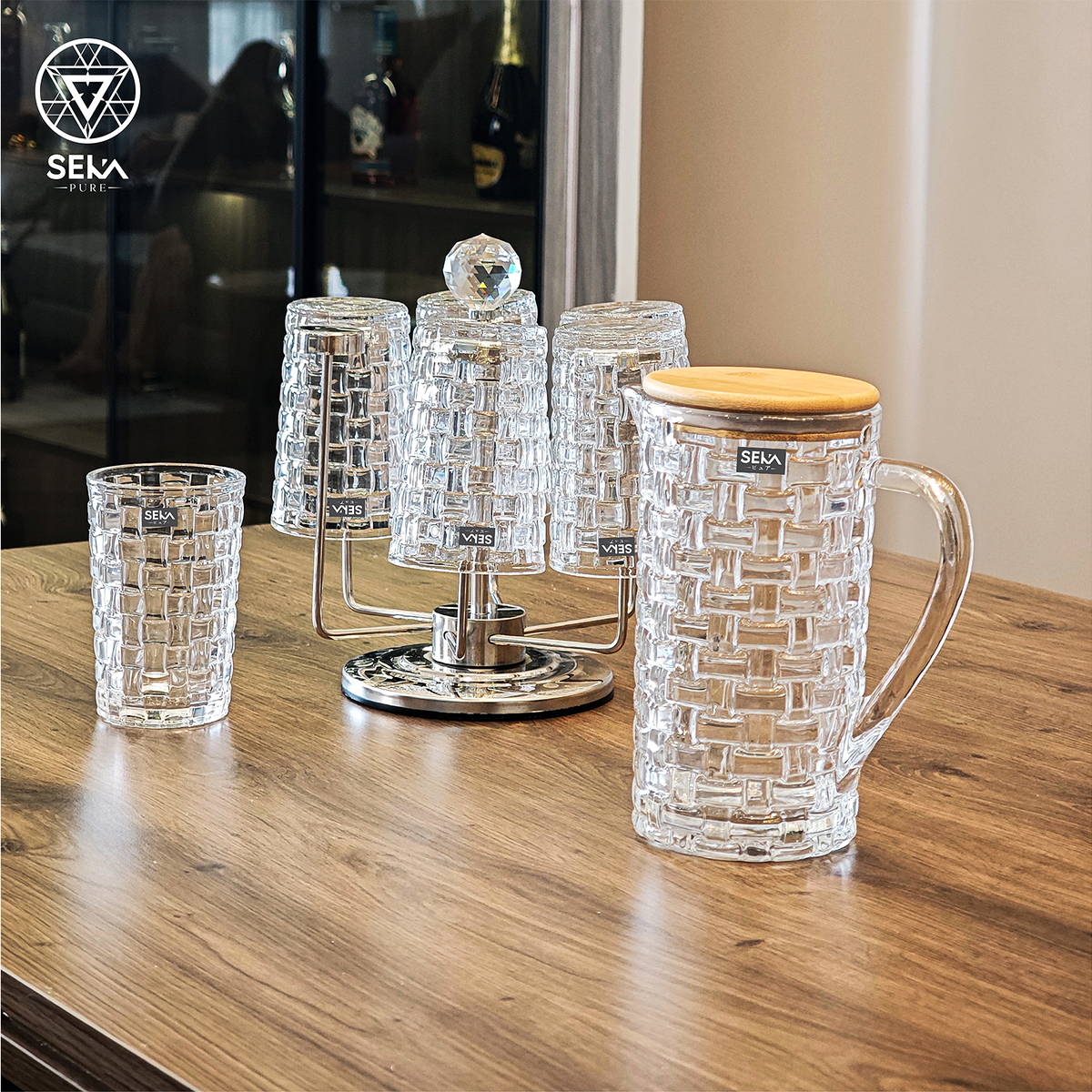Bình nước thủy tinh vân caro Seka SKT10W1 dung tích 1L nắp tre