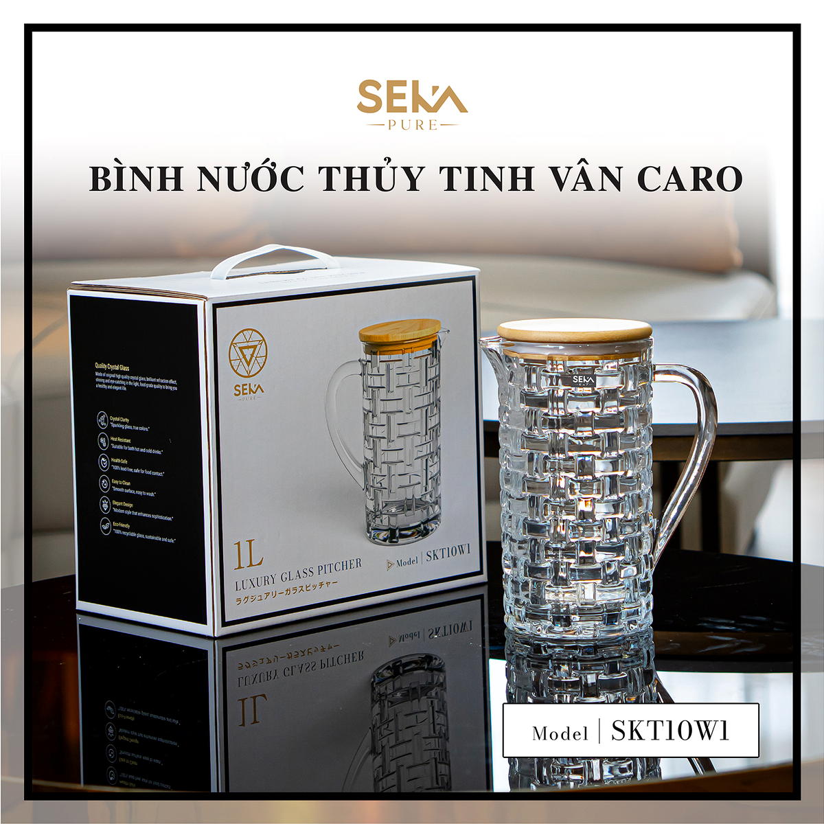 Bình nước thủy tinh vân caro Seka SKT10W1 dung tích 1L nắp tre
