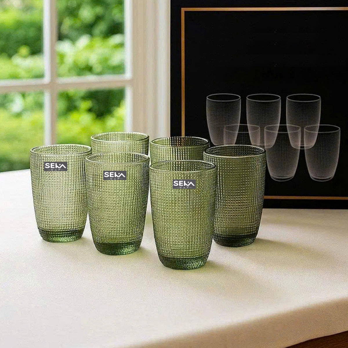 Bộ 6 cốc thủy tinh vân lưới dập nổi 420ml SEKA SKT42C6 xanh