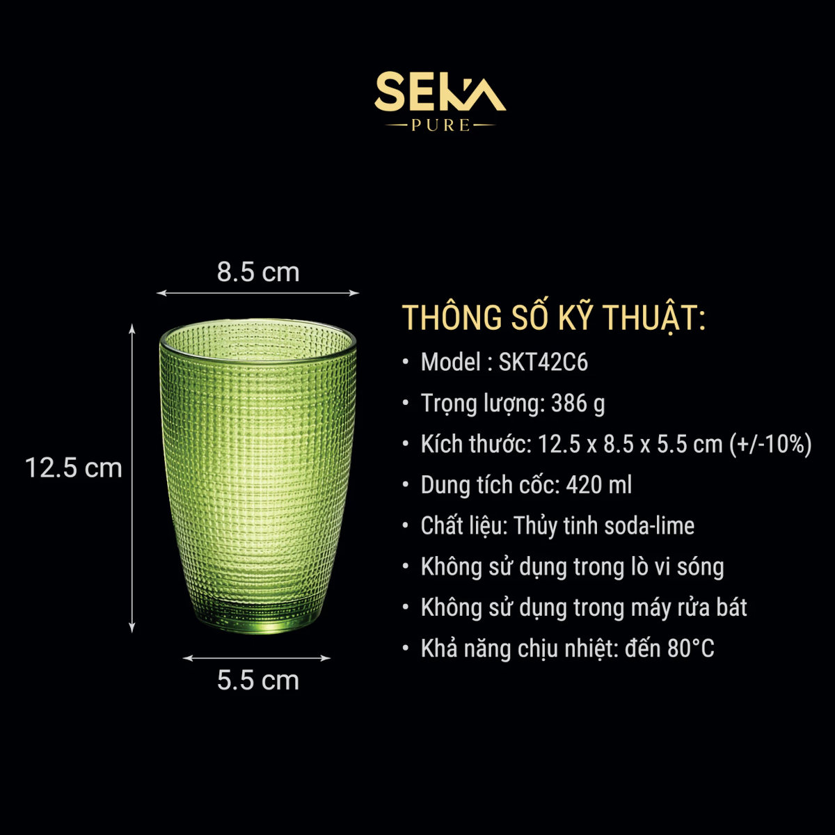 Bộ 6 cốc thủy tinh vân lưới dập nổi 420ml SEKA SKT42C6 xanh