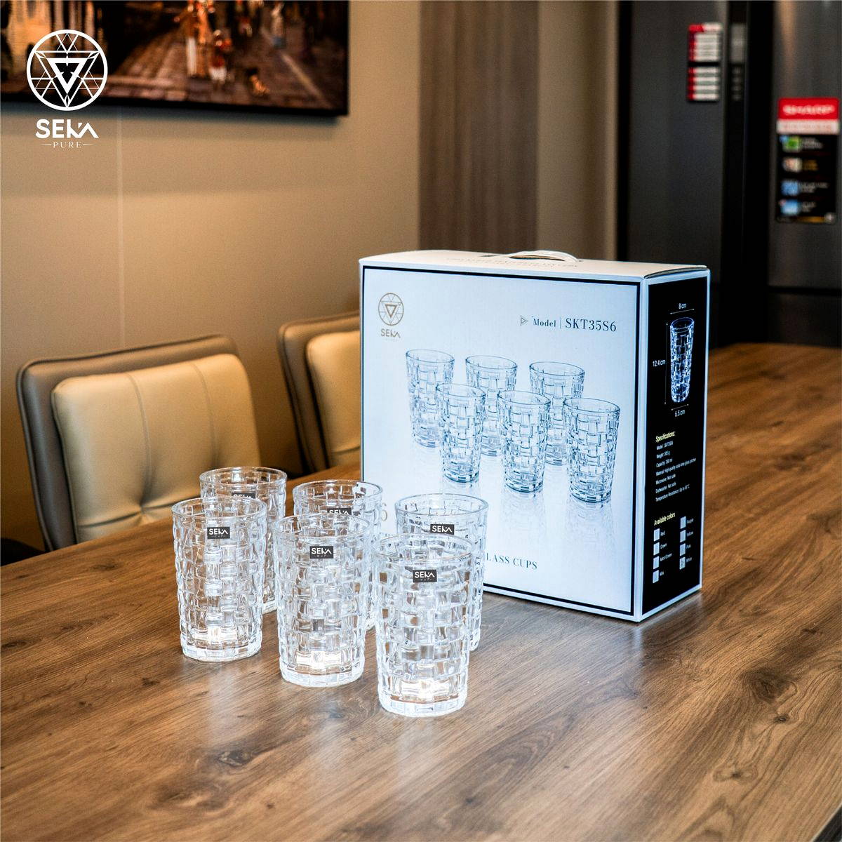 Bộ 6 cốc thủy tinh vân caro 350ml Seka SKT35S6 màu trắng