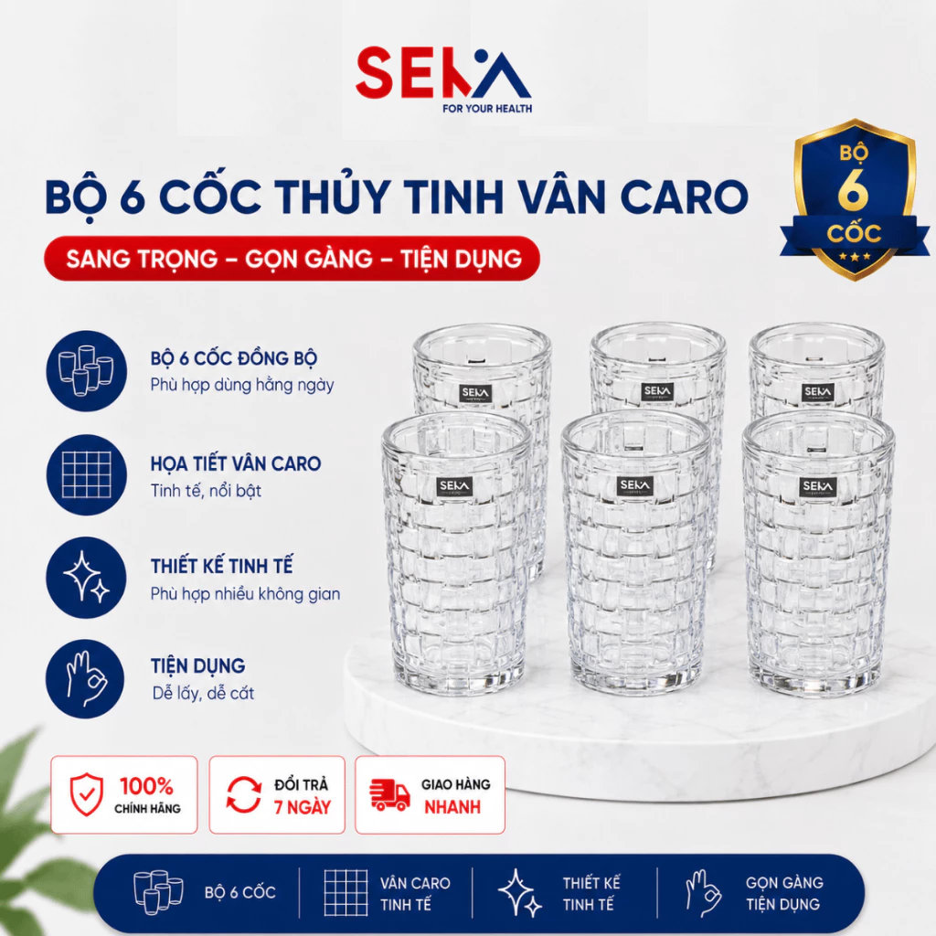 Bộ 6 cốc thủy tinh vân caro 350ml Seka SKT35S6 màu trắng