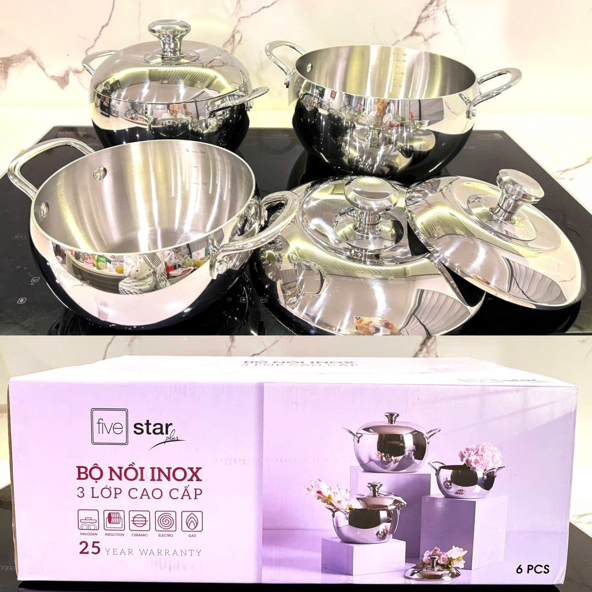 Bộ 3 nồi Inox 304 đúc liền 3 lớp hình táo Fivestar Plus FPB3006