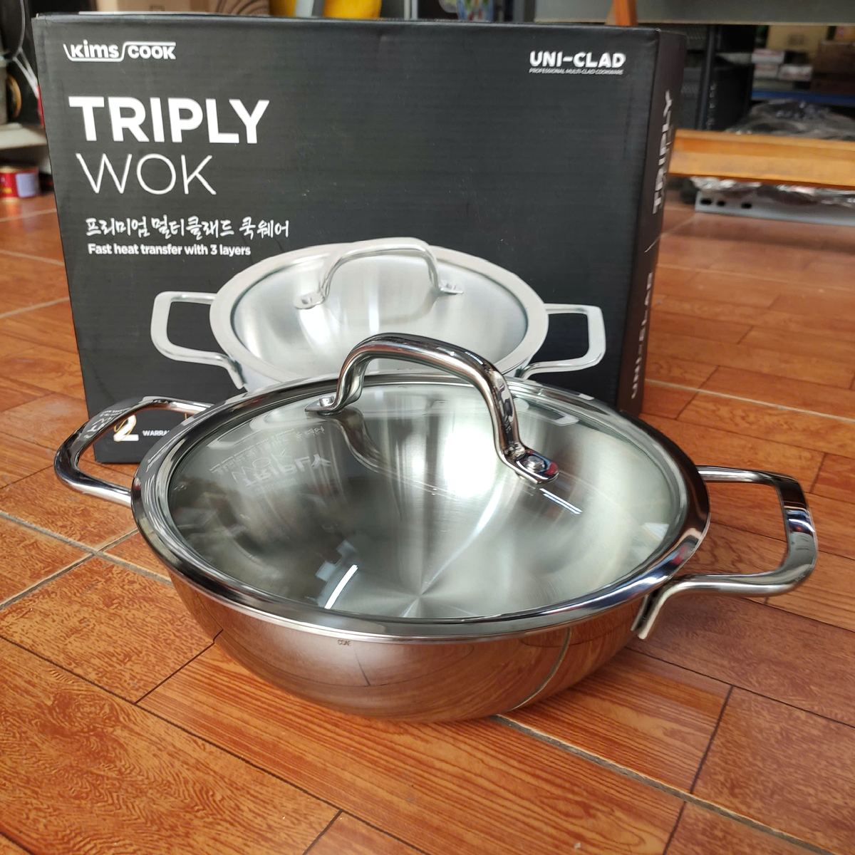 Chảo Inox 304 đúc liền 3 lớp 2 quai Kimscook Uni-Clad vung kính