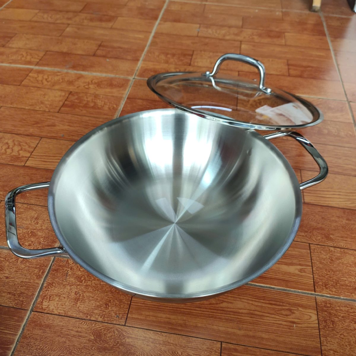 Chảo Inox 304 đúc liền 3 lớp 2 quai Kimscook Uni-Clad vung kính